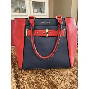 U.S. Polo Assn. Sport Tote Bag Purse Red Navy Blue Handbag Gold Hardware